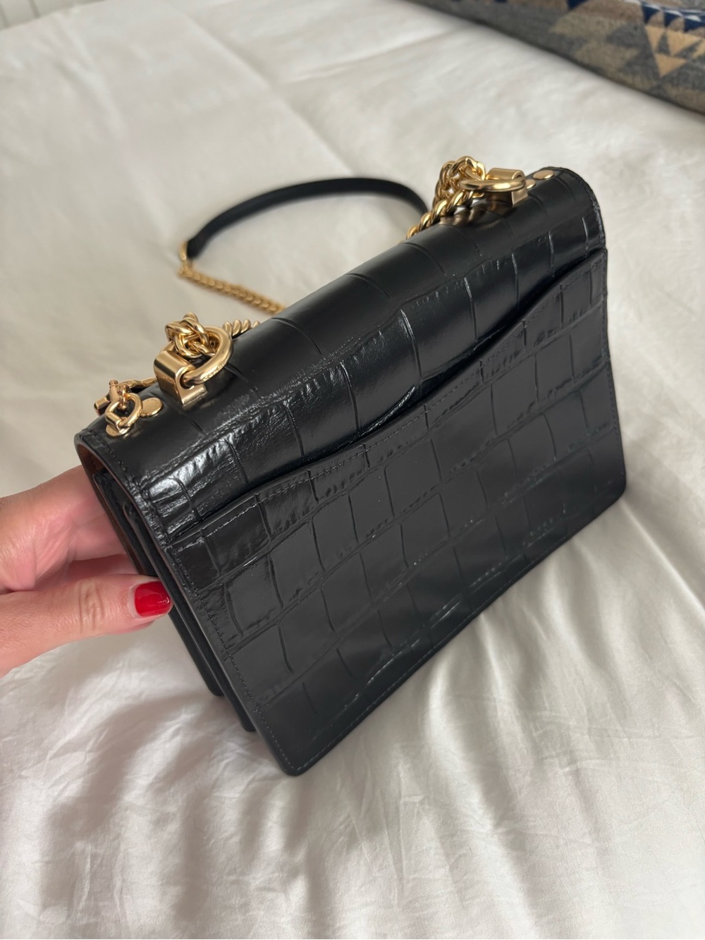 Coach Black Croc-Embossed Leather Crossbody with Gold Chain - Picture 3 of 6